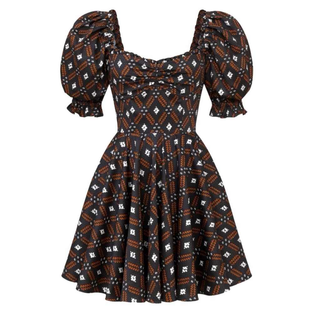 Autumn Adeigbo Mini Dress Brown Geometric‎ Puff Sleeve Size 14 NWT $565